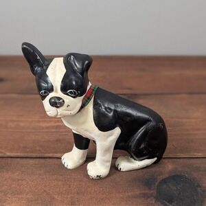 Boston Terrier Dog Figurine Statue Decor‎ Accent with Plaid Ribbon Collar